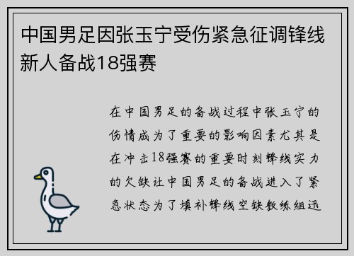 中国男足因张玉宁受伤紧急征调锋线新人备战18强赛