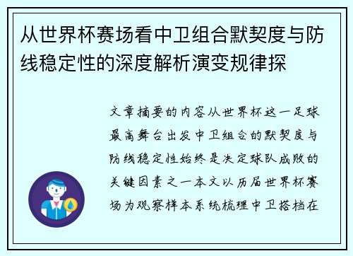 从世界杯赛场看中卫组合默契度与防线稳定性的深度解析演变规律探